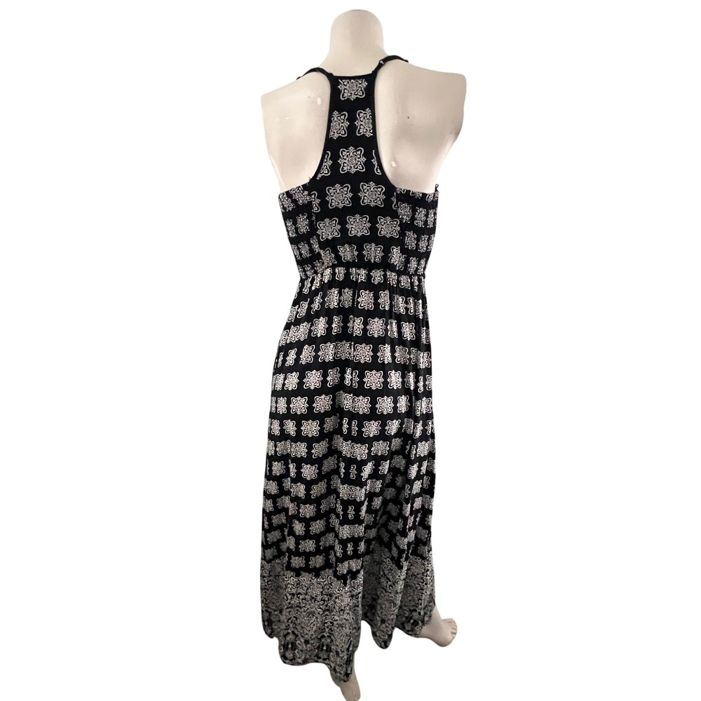 Band of Gypsies Maxi Dress Womens XS Black Ivory Smocked Medallion Pockets Boho - Picture 2 of 9